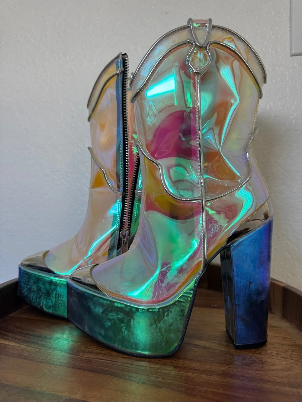 CLUB EXX Iridescent Platform Ankle Boots — Holographic Multi-Color